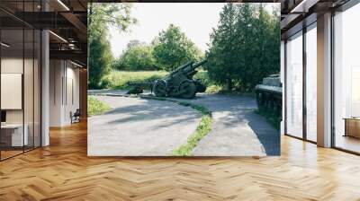 Old metal green cannon from the time of Second World War. Weapon for fights from the past. WW2 concept. History in  modern worlds. Monuments of glory and victory. Wall mural