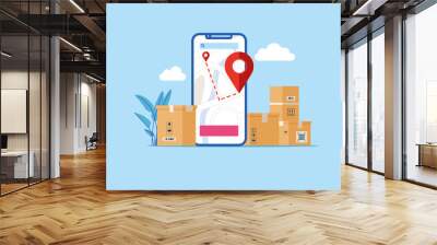 Online delivery. Smartphone with app delivery tracking. Food delivery services. Flat vector illustration. Wall mural