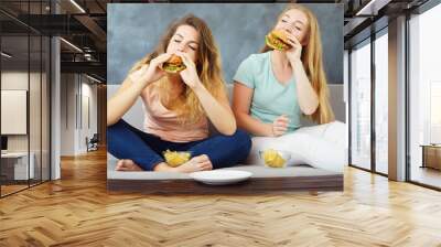 Overeating, bulimia, fast-food, diet,  enjoyment, treat, appetite, hunger. Two cute young women sitting at coach engorging delicious burgers and chips greedily Wall mural