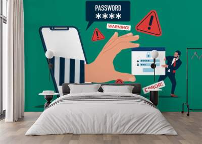 Phishing activity on internet access. Cyber attack security, data stealing on smartphone with warning message alert. Modern vector illustration in flat style. Wall mural