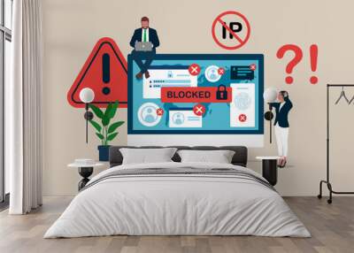 Programmer and woman Sitting on Computer Monitor with Blocked Account on Screen, Cyber Attack. Censorship Blocking or Ransomware Activity Security. Flat vector Illustration. Wall mural