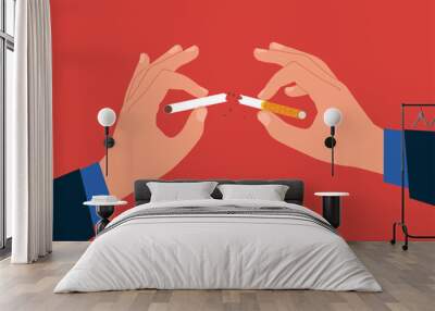 Quitting smoking cigarettes. Quit bad habit, health care. Holding broken cigarette in hands. Flat vector illustration Wall mural