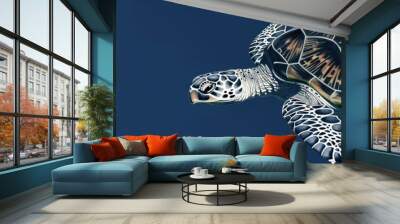 Sea turtle glides over serene blue ocean background. Marine life illustration features elegant wildlife concept. Artistic line art style highlights conservation efforts for endangered species. Wall mural