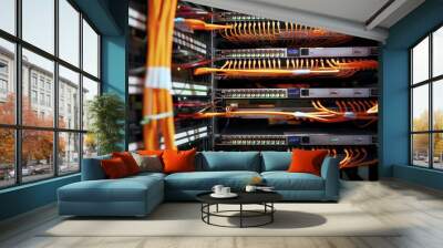 Server room with network rack housing cables, wires in orange, green, white colors. Meticulously arranged web connects various components within the room. Servers and routers text provides context. Wall mural