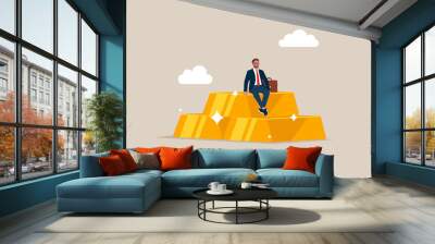 Success wealth manager, trader or rich investor sitting on stack of gold bar bullion. Gold investment, safe haven in financial crisis or wealth management and asset allocation. Wall mural