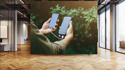 Tourist with smartphone and battery charger is walking in the summer forest. Guy with powerbank is lost in the nature. Modern technologies concept to stay always online and in touch. Wall mural