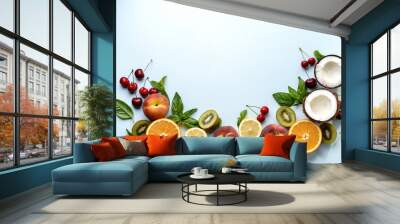 Tropical concept made of peach, kiwi, lemon, cherries, oranges and coconut. Creative summer idea, food background Wall mural