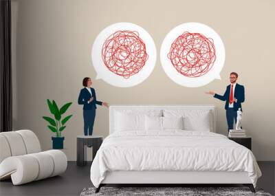 Unclear explanations, not understanding, confused speech. No communication message. Poor communication with speech bubbles.   Modern vector illustration flat design Wall mural