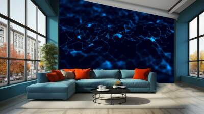 Wave 3d. Abstract 3D big data visualization. Visual information complexity. Plexus affect. Network connection structure. Abstract Neural Network. 3d rendering. Wall mural