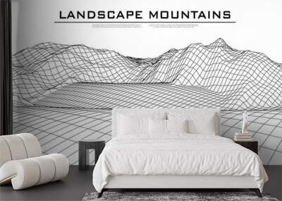 Wireframe 3D landscape mountains. Wireframe landscape wire. 3d landscape. Digital retro landscape cyber surface. Vector illustration. Wall mural