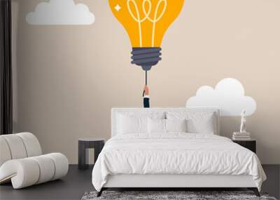 Сreativity and innovation to change or invent new product, solution to solve problem, discover new idea concept, excited businessman carrying big lightbulb idea goes to invent new product. Wall mural