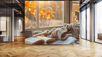 A cozy autumn scene with a blanket, a book, and a hot beverage by a window, capturing the warmth of fall vibes Wall mural