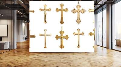 A row of gold cross pendants are displayed on a white background Set of png elements. Wall mural