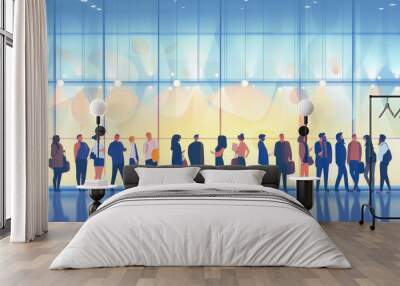 An abstract flat illustration depicts businesspeople waiting in an employment line under illuminated lights, symbolizing the job market and employment opportunities. Wall mural