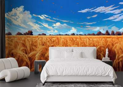 Beautiful illustration of a ripe wheat field against the blue sky, representing summertime. Generative AI Wall mural