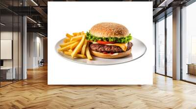 Burger on white plate isolated on transparent background. Ai generated. Wall mural