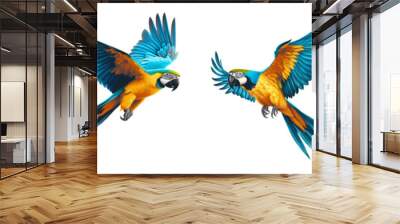 Four birds flying in the air with blue and yellow feathers Set of png elements. Wall mural