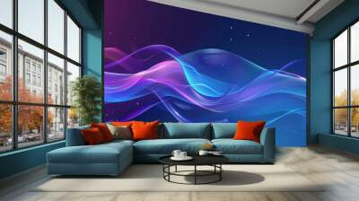 Futuristic abstract banner with vibrant wavy shapes in blue and purple, evoking a retro wave feel on a sleek background. Wall mural