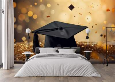 Graduation cap with confetti background. AI generative. Wall mural