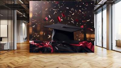 Graduation cap with confetti background. AI generative. Wall mural