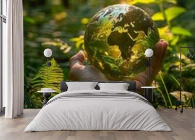 Green earth ball held in hand against a lush forest background, symbolizing environmental conservation and sustainability. Wall mural