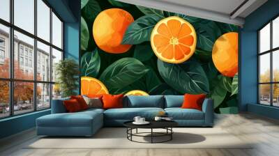 illustration featuring oranges nestled among leaves, created with a vectorized gouache technique, su Wall mural