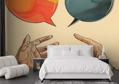 Illustration in flat watercolor style depicts speech bubbles positioned between two human hands against a khaki background, symbolizing communication. Wall mural