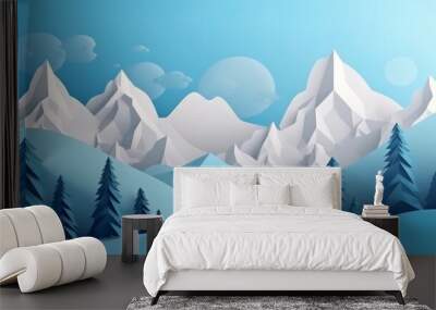 Mountains and blue sky papercut banner. AI generative. Wall mural