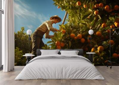 Person picking oranges from tree. AI generative. Wall mural