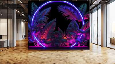 Purple circular neon light with tropical leaves. AI generative. Wall mural