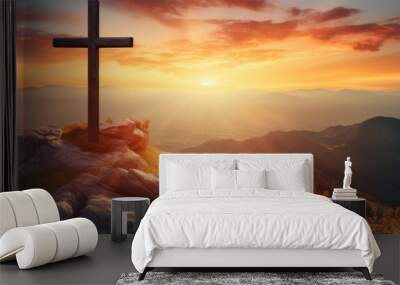 Religious christian cross crucifixion on top of mountain at sunset. AI Generative. Wall mural