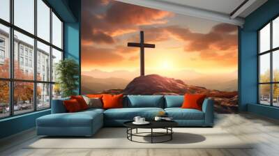 Religious christian cross crucifixion on top of mountain at sunset. AI Generative. Wall mural