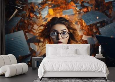 Stressed out Girl drowning in information overload, information age stress concept. AI generative. Wall mural