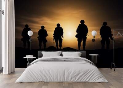 The silhouette of the soldiers on sunset background. Ai generative. Wall mural