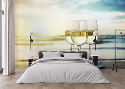 White wine on the summer sea background. AI generated Wall mural