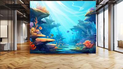 2D abstract underwater coral reef background environment for adventure or battle mobile game. Tropical coral reef cartoon style in game art background environment. Wall mural