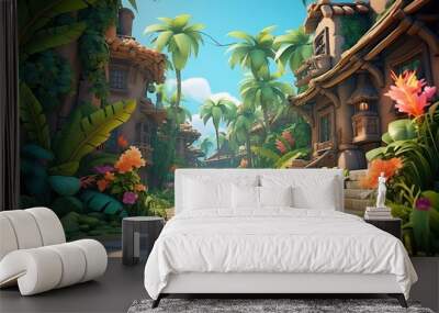 3D abstract peaceful village background environment for adventure mobile game. Quiet, secluded village cartoon style in game art background environment. Wall mural