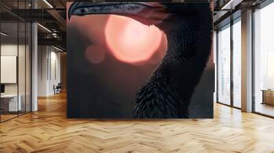 A cormorant displays its beak in photorealistic detail against a sky pinked by the setting sun. Close-up of a cormorant under the magical touch of the twilight sun in tonal reproduction. Wall mural