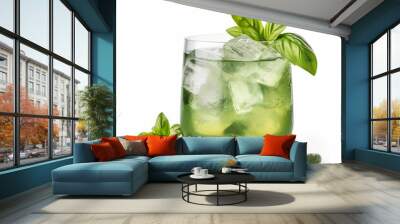 A Gin Basil Smash Cocktail. Summer cocktail with basil Leaf, lime and lemon. Basil smash alcoholic cocktail drink with dry gin, syrup, lemon, basil and ice. Realistic 3D illustration. Generative AI Wall mural