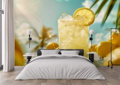 A tropical cocktail of refreshing lemonade served with lots of ice and a fresh lemon wedge. Lime cocktail in a tropical beach setting. Wall mural