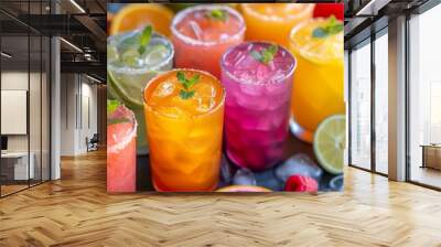 A variety of colorful water juices. Glasses of Mexican fruit juices served with fresh fruit garnishes. Aguas frescas array. Wall mural