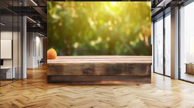 A wooden table with a picture of mango trees in the background. Close-up with wooden board and mango in the background. 3D realistic illustration. Generative AI Wall mural