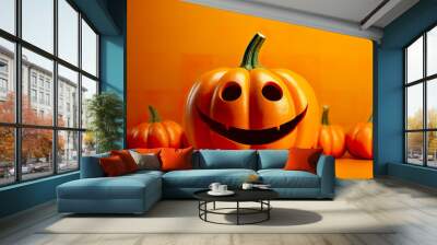 Against a vibrant orange backdrop, a mischievous pumpkin with an unmistakably wicked grin exudes a sense of playful malevolence. Halloween banner for invitation with space for text. Wall mural