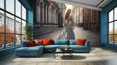 Beautiful young woman in a long dress walking in the city. Girl in dress runs in the city. Back view of a young happy woman. Realistic 3D illustration. Generative AI Wall mural