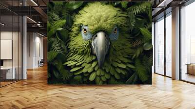 Closeup of a parrot surrounded by green plants. Parrot in the jungle. Beauty portrait of parrot's head among blurred foliage. Realistic 3D illustration. Generative AI Wall mural