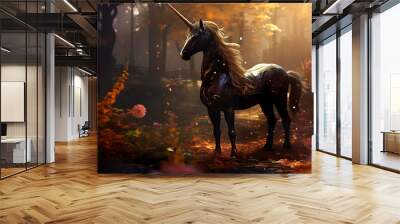 Digital art magic depicting a beautiful black unicorn with a majestic horn. Digital mystique of imagination between beauty and the unreal in the spotlight. Wall mural