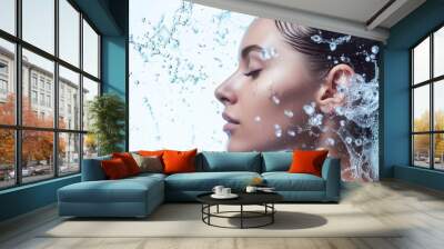 Face of a calm woman with water splashing around her harmoniously. Female face with freshness, hydration and natural beauty of skin care. Wall mural