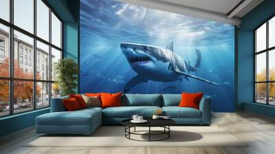 Great white shark underwater hunting and attacking predator. Shark in the ocean. Great white shark posing in deep blue water. Realistic 3D illustration. Generative AI Wall mural