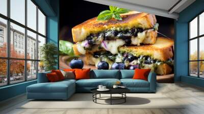 Grilled cheese sandwich with blueberries and basil artistically presented on a plate. Cooking invention of a perfectly grilled blueberry and basil sandwich. Wall mural