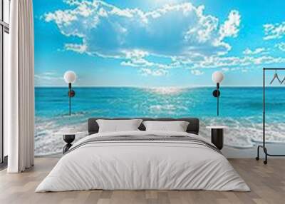 Illustration of a beach with serene ocean waters under a beautiful blue sky. Vast blue sea in a calm and relaxing color palette. Wall mural